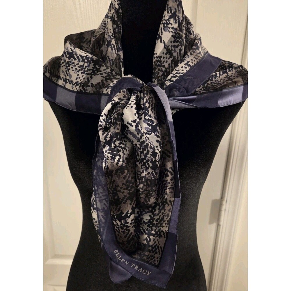 Ellen Tracy Unisex Silk Satin Plaid Square Scarf in Blue Gray Black